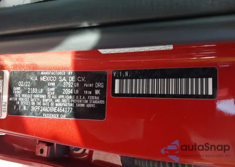 2022 Kia Forte Lxs из США, поврежденный, VIN 3KPF24AD6NE464177